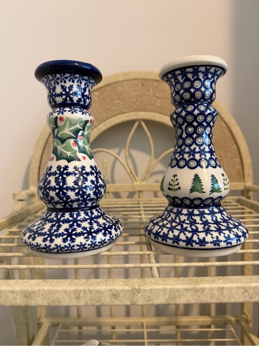 Boleslaweic -Painted Blue and White Ceramic Candlestick Pair - Holiday Motif